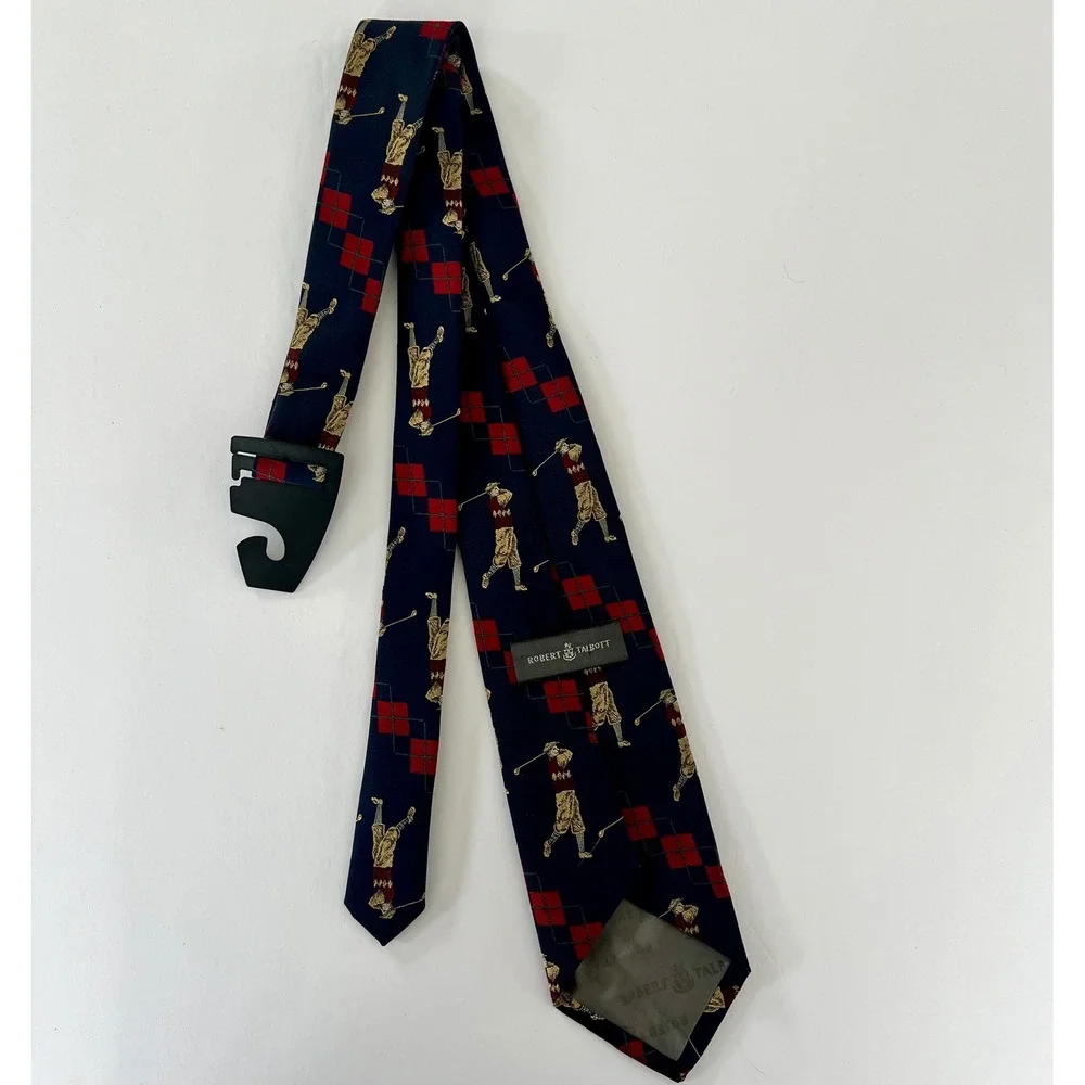 Robert Talbott Mens Silk Tie Navy Blue Red Argyle Vintage Golfers Sporty Preppy